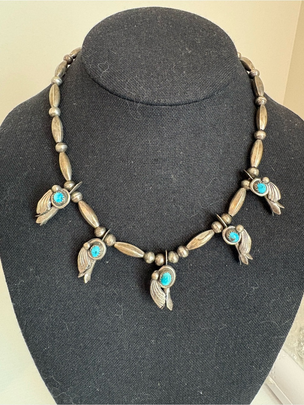 vintage squash blossom like necklace acid tested sterling silver turquoise 16.6”